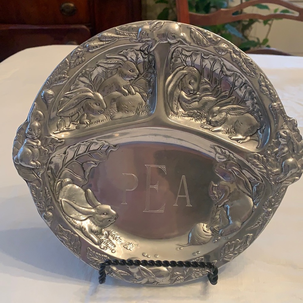 Silver Plate & Stand. “PEA” engraving.